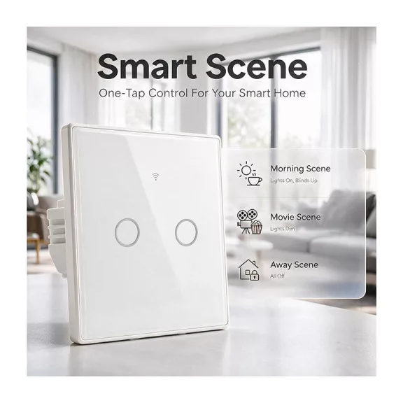 Qoltec Smart Touch 2-Gang világításkapcsoló | Wi-Fi | időzítő | Tuya | Smart Life | edzett üveg | fehér