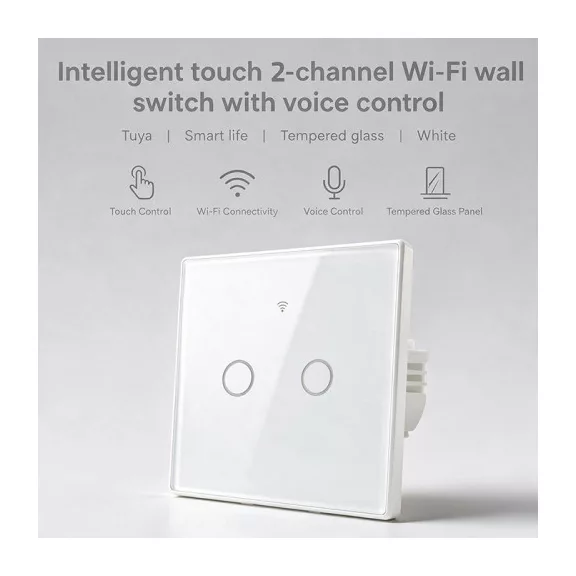 Qoltec Smart Touch 2-Gang világításkapcsoló | Wi-Fi | időzítő | Tuya | Smart Life | edzett üveg | fehér