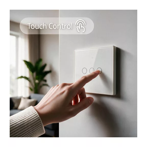 Qoltec Smart Touch 3-gang világításkapcsoló | Wi-Fi | Időzítő | Tuya | Smart Life | Edzett üveg | Fehér