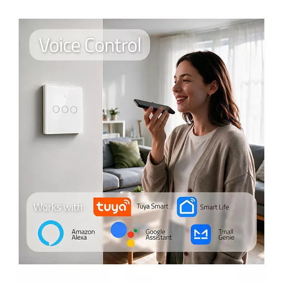 Qoltec Smart Touch 3-gang világításkapcsoló | Wi-Fi | Időzítő | Tuya | Smart Life | Edzett üveg | Fehér