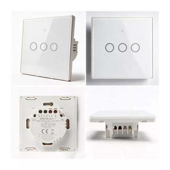 Qoltec Smart Touch 3-gang világításkapcsoló | Wi-Fi | Időzítő | Tuya | Smart Life | Edzett üveg | Fehér