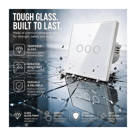 Qoltec Smart Touch 3-gang világításkapcsoló | Wi-Fi | Időzítő | Tuya | Smart Life | Edzett üveg | Fehér
