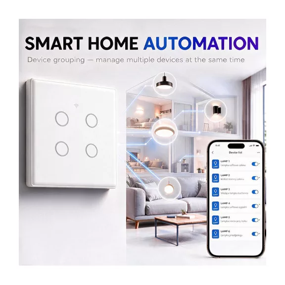 Qoltec Smart Touch 4-es világításkapcsoló | Wi-Fi | Időzítő | Tuya | Smart Life | Edzett üveg | Fehér