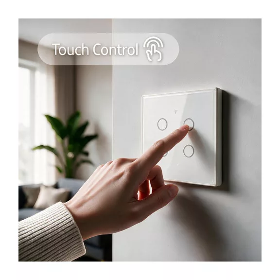 Qoltec Smart Touch 4-es világításkapcsoló | Wi-Fi | Időzítő | Tuya | Smart Life | Edzett üveg | Fehér