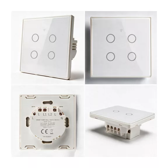 Qoltec Smart Touch 4-es világításkapcsoló | Wi-Fi | Időzítő | Tuya | Smart Life | Edzett üveg | Fehér