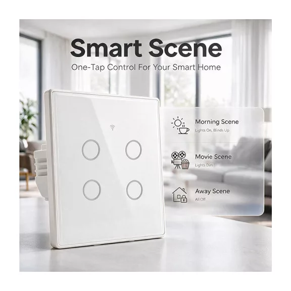 Qoltec Smart Touch 4-es világításkapcsoló | Wi-Fi | Időzítő | Tuya | Smart Life | Edzett üveg | Fehér