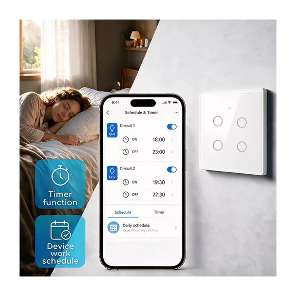 Qoltec Smart Touch 4-es világításkapcsoló | Wi-Fi | Időzítő | Tuya | Smart Life | Edzett üveg | Fehér