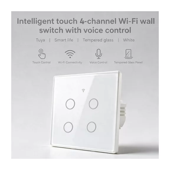 Qoltec Smart Touch 4-es világításkapcsoló | Wi-Fi | Időzítő | Tuya | Smart Life | Edzett üveg | Fehér