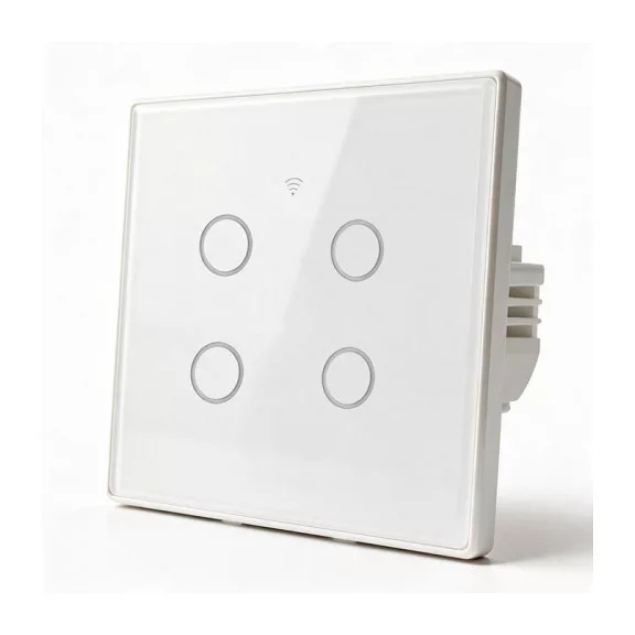 Qoltec Smart Touch 4-es világításkapcsoló | Wi-Fi | Időzítő | Tuya | Smart Life | Edzett üveg | Fehér