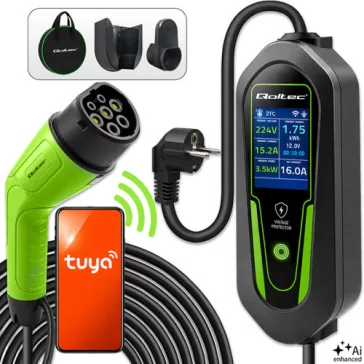   Qoltec Mobil EV töltő állítható 2in1 Type2 | 3,5kW | 230V | Wi-fi | LCD | Hordozható | Fali töltő | 5m