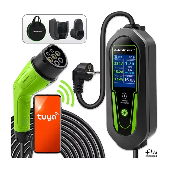 Qoltec Mobil EV töltő állítható 2in1 Type2 | 3,5kW | 230V | Wi-fi | LCD | Hordozható | Fali töltő | 5m Qoltec Mobil EV töltő állítható 2in1 Type2 | 3,5kW | 230V | Wi-fi | LCD | Hordozható | Fali töltő | 5m