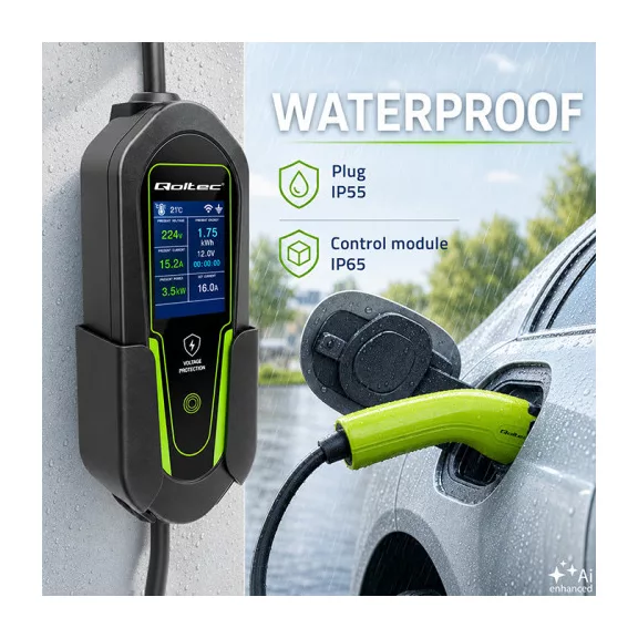 Qoltec Mobil EV töltő állítható 2in1 Type2 | 3,5kW | 230V | Wi-fi | LCD | Hordozható | Fali töltő | 5m Qoltec Mobil EV töltő állítható 2in1 Type2 | 3,5kW | 230V | Wi-fi | LCD | Hordozható | Fali töltő | 5m