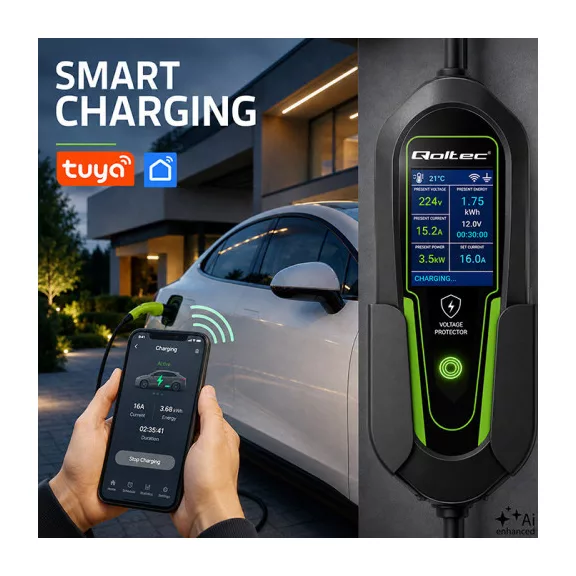 Qoltec Mobil EV töltő állítható 2in1 Type2 | 3,5kW | 230V | Wi-fi | LCD | Hordozható | Fali töltő | 5m Qoltec Mobil EV töltő állítható 2in1 Type2 | 3,5kW | 230V | Wi-fi | LCD | Hordozható | Fali töltő | 5m