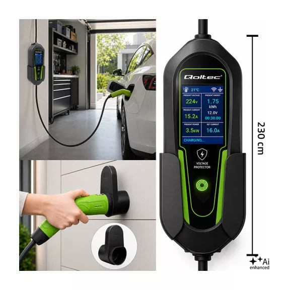 Qoltec Mobil EV töltő állítható 2in1 Type2 | 3,5kW | 230V | Wi-fi | LCD | Hordozható | Fali töltő | 5m Qoltec Mobil EV töltő állítható 2in1 Type2 | 3,5kW | 230V | Wi-fi | LCD | Hordozható | Fali töltő | 5m