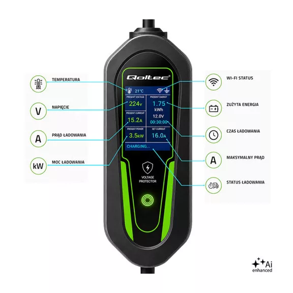 Qoltec Mobil EV töltő állítható 2in1 Type2 | 3,5kW | 230V | Wi-fi | LCD | Hordozható | Fali töltő | 5m Qoltec Mobil EV töltő állítható 2in1 Type2 | 3,5kW | 230V | Wi-fi | LCD | Hordozható | Fali töltő | 5m
