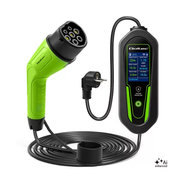 Qoltec Mobil EV töltő állítható 2in1 Type2 | 3,5kW | 230V | Wi-fi | LCD | Hordozható | Fali töltő | 5m Qoltec Mobil EV töltő állítható 2in1 Type2 | 3,5kW | 230V | Wi-fi | LCD | Hordozható | Fali töltő | 5m
