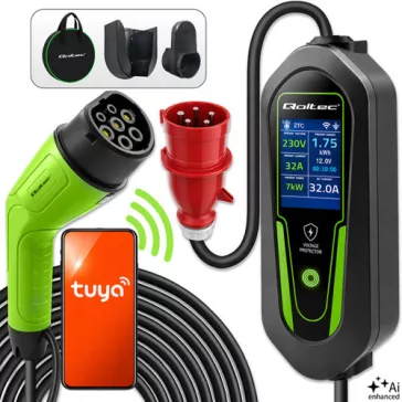   Qoltec Mobil EV töltő állítható 2in1 Type2 | 7kW | 230V | CEE 32A | Wi-fi | LCD | Hordozható | Wallbox | 5m