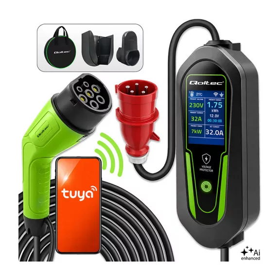 Qoltec Mobil EV töltő állítható 2in1 Type2 | 7kW | 230V | CEE 32A | Wi-fi | LCD | Hordozható | Wallbox | 5m Qoltec Mobil EV töltő állítható 2in1 Type2 | 7kW | 230V | CEE 32A | Wi-fi | LCD | Hordozható | Wallbox | 5m