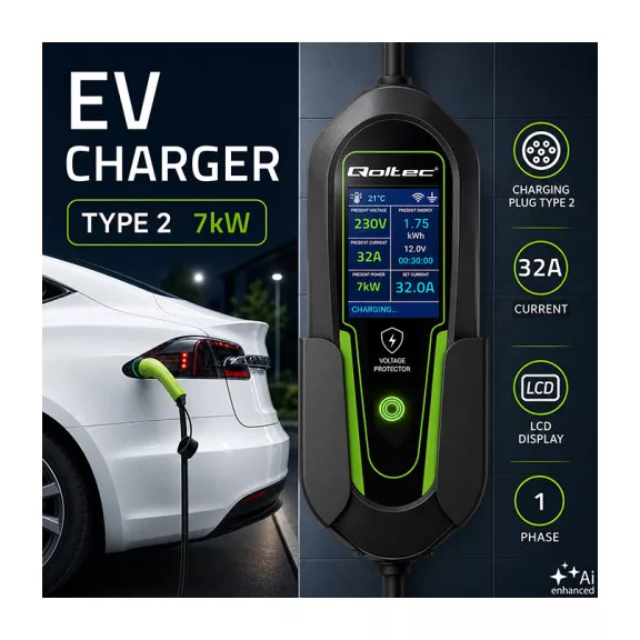 Qoltec Mobil EV töltő állítható 2in1 Type2 | 7kW | 230V | CEE 32A | Wi-fi | LCD | Hordozható | Wallbox | 5m Qoltec Mobil EV töltő állítható 2in1 Type2 | 7kW | 230V | CEE 32A | Wi-fi | LCD | Hordozható | Wallbox | 5m