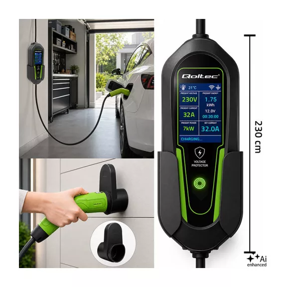 Qoltec Mobil EV töltő állítható 2in1 Type2 | 7kW | 230V | CEE 32A | Wi-fi | LCD | Hordozható | Wallbox | 5m Qoltec Mobil EV töltő állítható 2in1 Type2 | 7kW | 230V | CEE 32A | Wi-fi | LCD | Hordozható | Wallbox | 5m