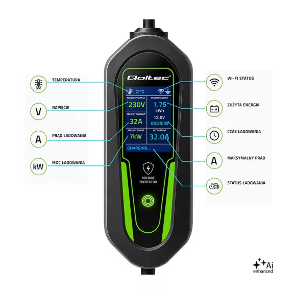 Qoltec Mobil EV töltő állítható 2in1 Type2 | 7kW | 230V | CEE 32A | Wi-fi | LCD | Hordozható | Wallbox | 5m Qoltec Mobil EV töltő állítható 2in1 Type2 | 7kW | 230V | CEE 32A | Wi-fi | LCD | Hordozható | Wallbox | 5m