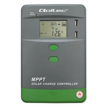 Qoltec MPPT napelemes töltésvezérlő hőmérséklet-érzékelővel 10A | 12V / 24V | LCD | 2 x USB | Bluetooth | APP | GEL | LiFePO4