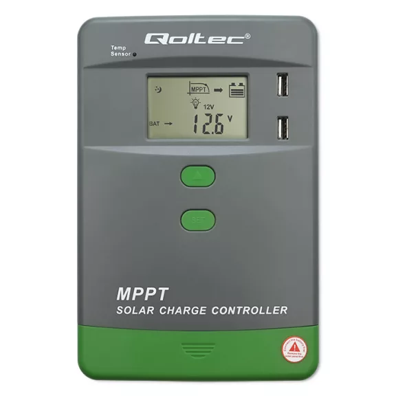 Qoltec MPPT napelemes töltésvezérlő hőmérséklet-érzékelővel 10A | 12V / 24V | LCD | 2 x USB | Bluetooth | APP | GEL | LiFePO4 Qoltec MPPT napelemes töltésvezérlő hőmérséklet-érzékelővel 10A | 12V / 24V | LCD | 2 x USB | Bluetooth | APP | GEL | LiFePO4