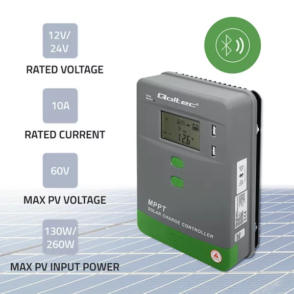 Qoltec MPPT napelemes töltésvezérlő hőmérséklet-érzékelővel 10A | 12V / 24V | LCD | 2 x USB | Bluetooth | APP | GEL | LiFePO4 Qoltec MPPT napelemes töltésvezérlő hőmérséklet-érzékelővel 10A | 12V / 24V | LCD | 2 x USB | Bluetooth | APP | GEL | LiFePO4