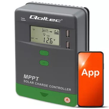   Qoltec MPPT napelemes töltésvezérlő hőmérséklet-érzékelővel, 20A | 12V / 24V | LCD | 2 x USB | Bluetooth | APP | GEL | LiFePO4