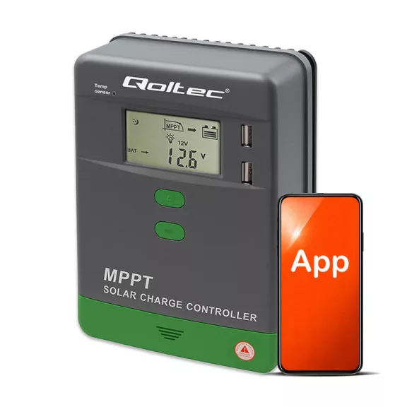Qoltec MPPT napelemes töltésvezérlő hőmérséklet-érzékelővel, 20A | 12V / 24V | LCD | 2 x USB | Bluetooth | APP | GEL | LiFePO4 Qoltec MPPT napelemes töltésvezérlő hőmérséklet-érzékelővel, 20A | 12V / 24V | LCD | 2 x USB | Bluetooth | APP | GEL | LiFePO4