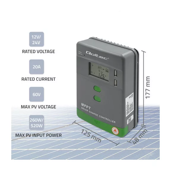 Qoltec MPPT napelemes töltésvezérlő hőmérséklet-érzékelővel, 20A | 12V / 24V | LCD | 2 x USB | Bluetooth | APP | GEL | LiFePO4 Qoltec MPPT napelemes töltésvezérlő hőmérséklet-érzékelővel, 20A | 12V / 24V | LCD | 2 x USB | Bluetooth | APP | GEL | LiFePO4