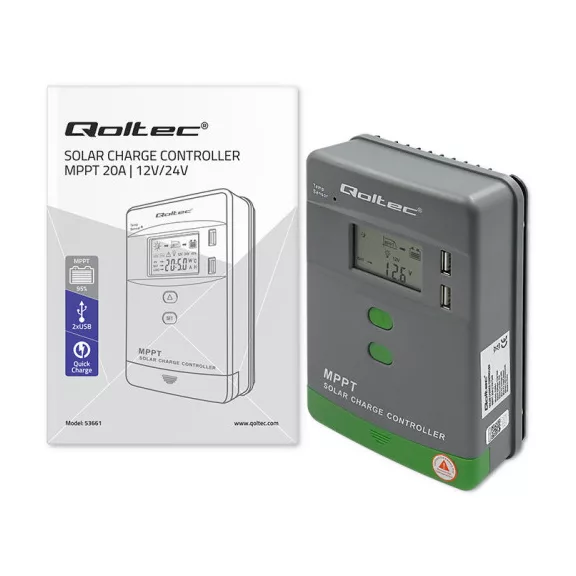 Qoltec MPPT napelemes töltésvezérlő hőmérséklet-érzékelővel, 20A | 12V / 24V | LCD | 2 x USB | Bluetooth | APP | GEL | LiFePO4 Qoltec MPPT napelemes töltésvezérlő hőmérséklet-érzékelővel, 20A | 12V / 24V | LCD | 2 x USB | Bluetooth | APP | GEL | LiFePO4