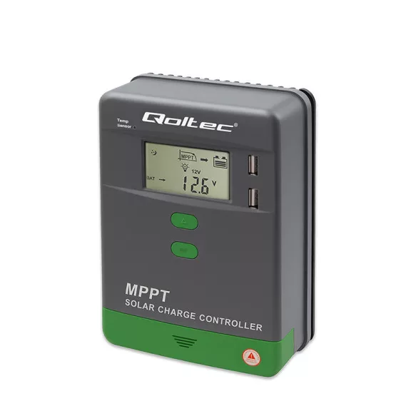 Qoltec MPPT napelemes töltésvezérlő hőmérséklet-érzékelővel, 20A | 12V / 24V | LCD | 2 x USB | Bluetooth | APP | GEL | LiFePO4 Qoltec MPPT napelemes töltésvezérlő hőmérséklet-érzékelővel, 20A | 12V / 24V | LCD | 2 x USB | Bluetooth | APP | GEL | LiFePO4
