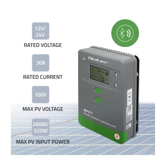 Qoltec MPPT napelemes töltésvezérlő hőmérséklet-érzékelővel 30A | 12V / 24V | LCD | 2 x USB | Bluetooth | APP | GEL | LiFePO4 Qoltec MPPT napelemes töltésvezérlő hőmérséklet-érzékelővel 30A | 12V / 24V | LCD | 2 x USB | Bluetooth | APP | GEL | LiFePO4