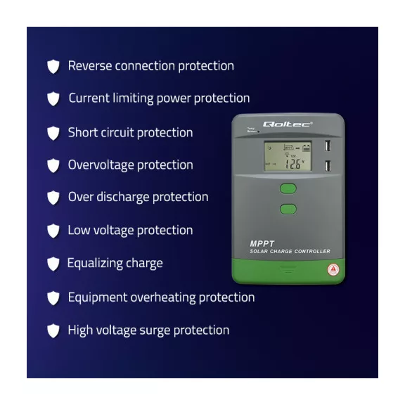 Qoltec MPPT napelemes töltésvezérlő hőmérséklet-érzékelővel 30A | 12V / 24V | LCD | 2 x USB | Bluetooth | APP | GEL | LiFePO4 Qoltec MPPT napelemes töltésvezérlő hőmérséklet-érzékelővel 30A | 12V / 24V | LCD | 2 x USB | Bluetooth | APP | GEL | LiFePO4