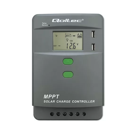 Qoltec MPPT napelemes töltésvezérlő hőmérséklet-érzékelővel 30A | 12V / 24V | LCD | 2 x USB | Bluetooth | APP | GEL | LiFePO4 Qoltec MPPT napelemes töltésvezérlő hőmérséklet-érzékelővel 30A | 12V / 24V | LCD | 2 x USB | Bluetooth | APP | GEL | LiFePO4