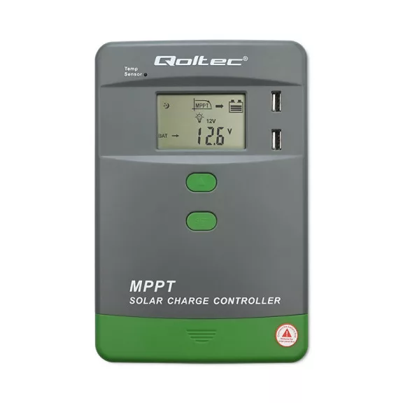 Qoltec MPPT napelemes töltésvezérlő hőmérséklet-érzékelővel 30A | 12V / 24V | LCD | 2 x USB | Bluetooth | APP | GEL | LiFePO4 Qoltec MPPT napelemes töltésvezérlő hőmérséklet-érzékelővel 30A | 12V / 24V | LCD | 2 x USB | Bluetooth | APP | GEL | LiFePO4