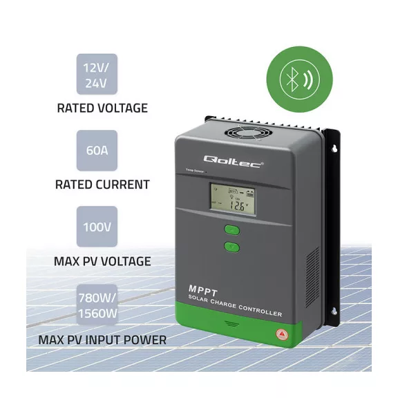 Qoltec MPPT napelemes töltésvezérlő hőmérséklet-érzékelővel 60A | 12V / 24V | LCD | Bluetooth | APP | GEL | LiFePO4 Qoltec MPPT napelemes töltésvezérlő hőmérséklet-érzékelővel 60A | 12V / 24V | LCD | Bluetooth | APP | GEL | LiFePO4