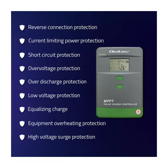 Qoltec MPPT napelemes töltésvezérlő hőmérséklet-érzékelővel 60A | 12V / 24V | LCD | Bluetooth | APP | GEL | LiFePO4 Qoltec MPPT napelemes töltésvezérlő hőmérséklet-érzékelővel 60A | 12V / 24V | LCD | Bluetooth | APP | GEL | LiFePO4