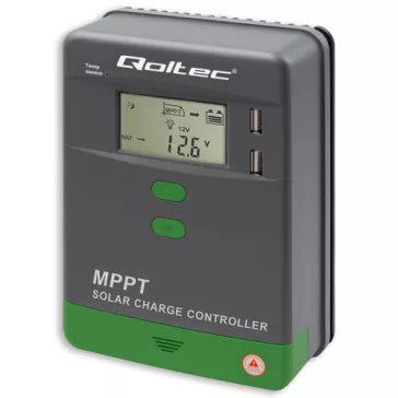   Qoltec napelemes MPPT töltésvezérlő hőmérséklet-érzékelővel, 10A | 12V / 24V | LCD | 2 × USB | GEL | LiFePO4