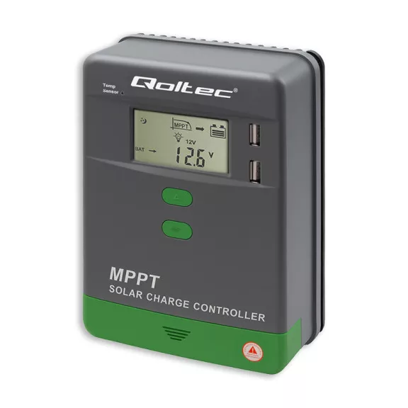 Qoltec napelemes MPPT töltésvezérlő hőmérséklet-érzékelővel, 10A | 12V / 24V | LCD | 2 × USB | GEL | LiFePO4 Qoltec napelemes MPPT töltésvezérlő hőmérséklet-érzékelővel, 10A | 12V / 24V | LCD | 2 × USB | GEL | LiFePO4