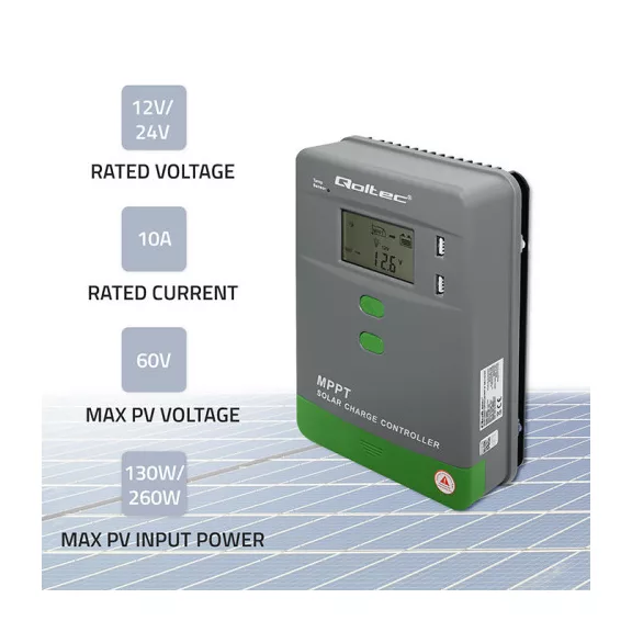 Qoltec napelemes MPPT töltésvezérlő hőmérséklet-érzékelővel, 10A | 12V / 24V | LCD | 2 × USB | GEL | LiFePO4 Qoltec napelemes MPPT töltésvezérlő hőmérséklet-érzékelővel, 10A | 12V / 24V | LCD | 2 × USB | GEL | LiFePO4