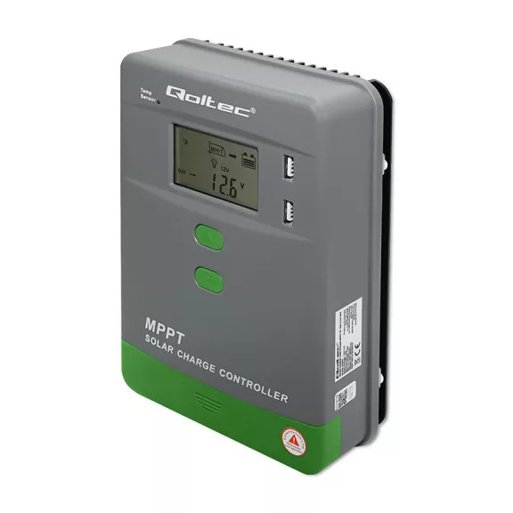 Qoltec napelemes MPPT töltésvezérlő hőmérséklet-érzékelővel, 10A | 12V / 24V | LCD | 2 × USB | GEL | LiFePO4 Qoltec napelemes MPPT töltésvezérlő hőmérséklet-érzékelővel, 10A | 12V / 24V | LCD | 2 × USB | GEL | LiFePO4