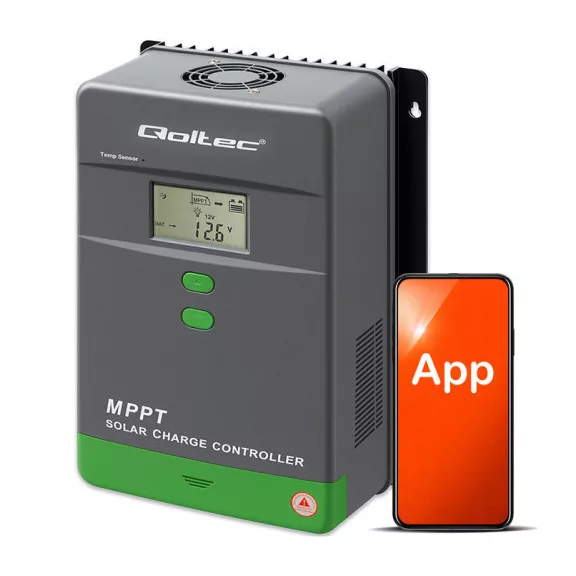 Qoltec MPPT napelemes töltésvezérlő hőmérséklet-érzékelővel, 80A | 12V / 24V / 48V | LCD | Bluetooth | APP | GEL | LiFePO4 Qoltec MPPT napelemes töltésvezérlő hőmérséklet-érzékelővel, 80A | 12V / 24V / 48V | LCD | Bluetooth | APP | GEL | LiFePO4
