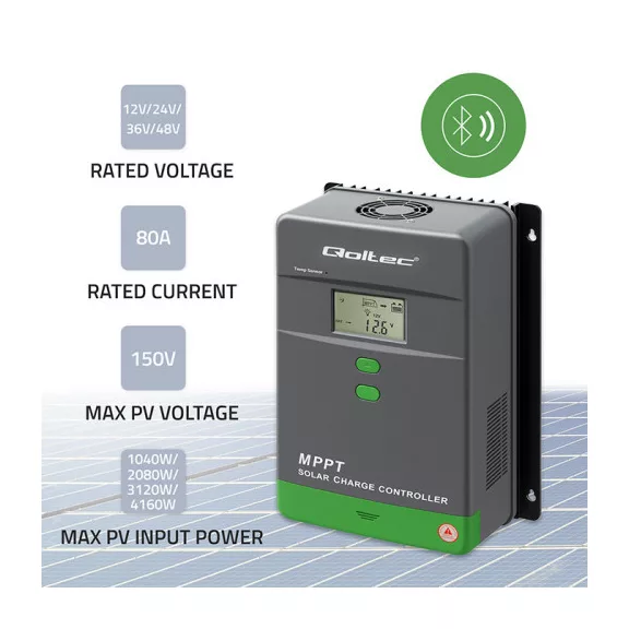 Qoltec MPPT napelemes töltésvezérlő hőmérséklet-érzékelővel, 80A | 12V / 24V / 48V | LCD | Bluetooth | APP | GEL | LiFePO4 Qoltec MPPT napelemes töltésvezérlő hőmérséklet-érzékelővel, 80A | 12V / 24V / 48V | LCD | Bluetooth | APP | GEL | LiFePO4