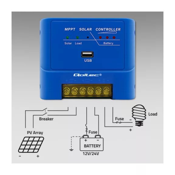 Qoltec MPPT 15A napelemes töltésvezérlő egyenáramú fogyasztók táplálására és 12V / 24V | LiFePO4 akkumulátorok töltésére Qoltec MPPT 15A napelemes töltésvezérlő egyenáramú fogyasztók táplálására és 12V / 24V | LiFePO4 akkumulátorok töltésére