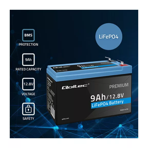 Qoltec LiFePO4 lítium-vas-foszfát akkumulátor | 12.8V | 9Ah | 115.2Wh | BMS Qoltec LiFePO4 lítium-vas-foszfát akkumulátor | 12.8V | 9Ah | 115.2Wh | BMS