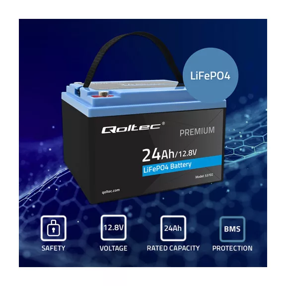 Qoltec LiFePO4 lítium-vas-foszfát akkumulátor | 12.8V | 24Ah | 307.2Wh | BMS Qoltec LiFePO4 lítium-vas-foszfát akkumulátor | 12.8V | 24Ah | 307.2Wh | BMS