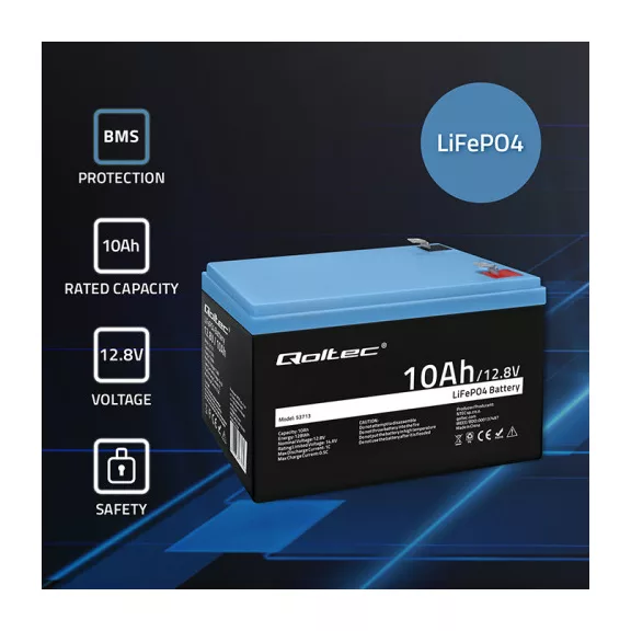 Qoltec LiFePO4 lítium-vas-foszfát akkumulátor | 12.8V | 10Ah | 128Wh | BMS Qoltec LiFePO4 lítium-vas-foszfát akkumulátor | 12.8V | 10Ah | 128Wh | BMS