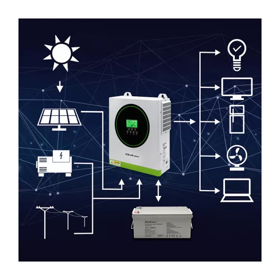 Qoltec szigetüzemű hibrid napelemes inverter | 3500W | 100A | 24V | MPPT | AGM GEL LiFePO4 | Szinusz | opcionális Wi‑Fi | teljesítménytényező: 1.0 Qoltec szigetüzemű hibrid napelemes inverter | 3500W | 100A | 24V | MPPT | AGM GEL LiFePO4 | Szinusz | opcionális Wi‑Fi | teljesítménytényező: 1.0